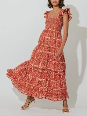 Cleobella Zahara Ankle Dress Aurora Pink Red & Brown Paisley | XS